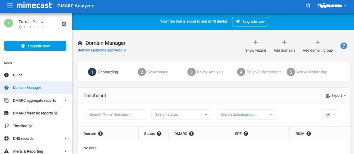 Mimecast DMARC Analyzer dashboard showing real-time email authentication insights, domain monitoring, security analytics interface, and recommendation engine for DMARC compliance